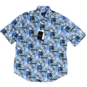 Bugatchi Mens Large Blue Stretch Cotton Short Sleeve‎ Button-Up Camp Shirt NWT